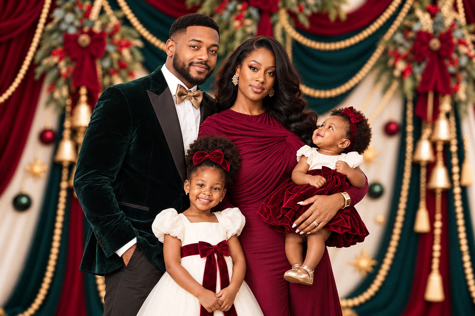 Family in burgundy and green velvet in front of a red, green and gold Christmas backdrop