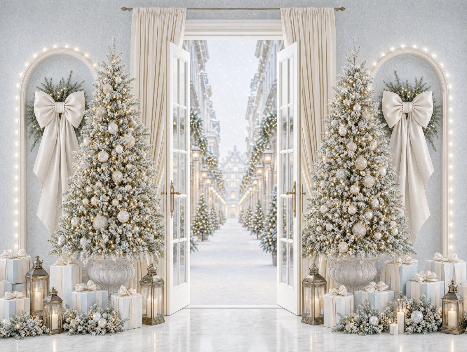 Christmas family photos in the DC, MD and VA area, The Champagne Bow Society backdrop with ivory and champagne bows