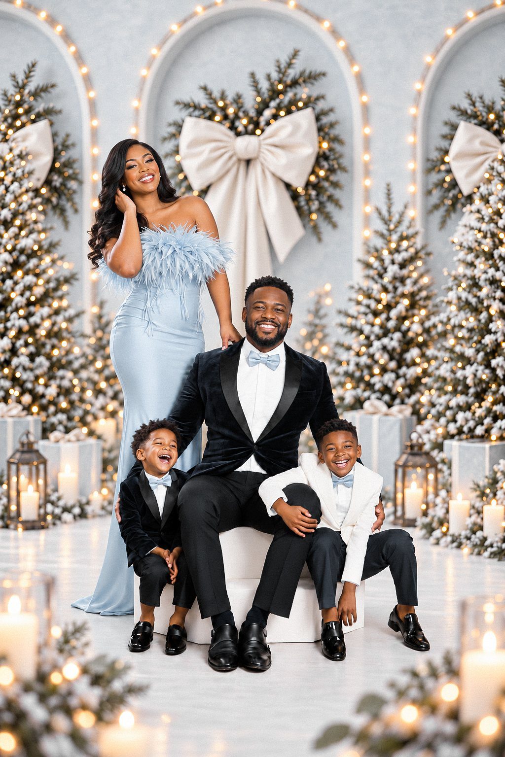 Christmas family photos in the DC, MD and VA area, The Champagne Bow Society backdrop with ivory and champagne bows