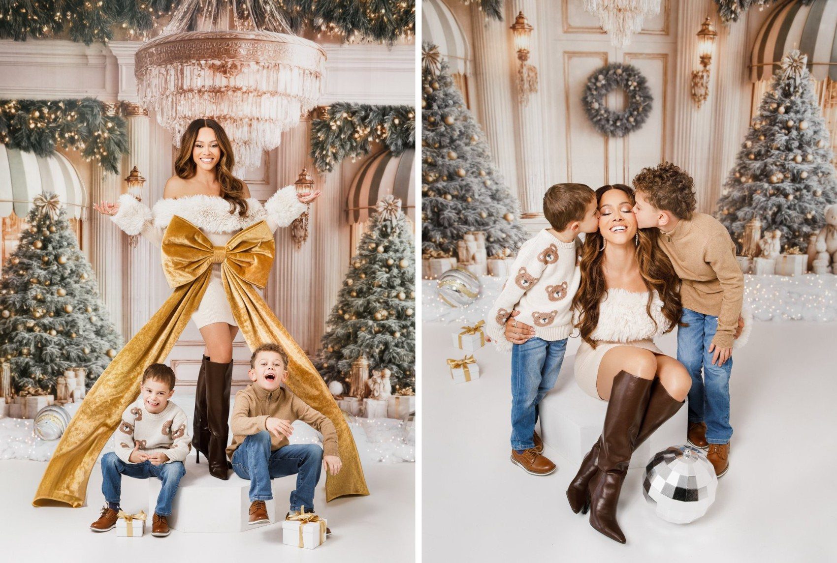 Gilded Holiday Christmas mini session in the DMV, gold storybook holiday backdrop for families