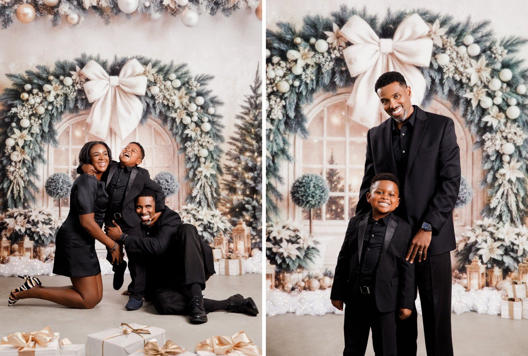 Gilded Holiday Christmas mini session in the DMV, gold storybook holiday backdrop for families
