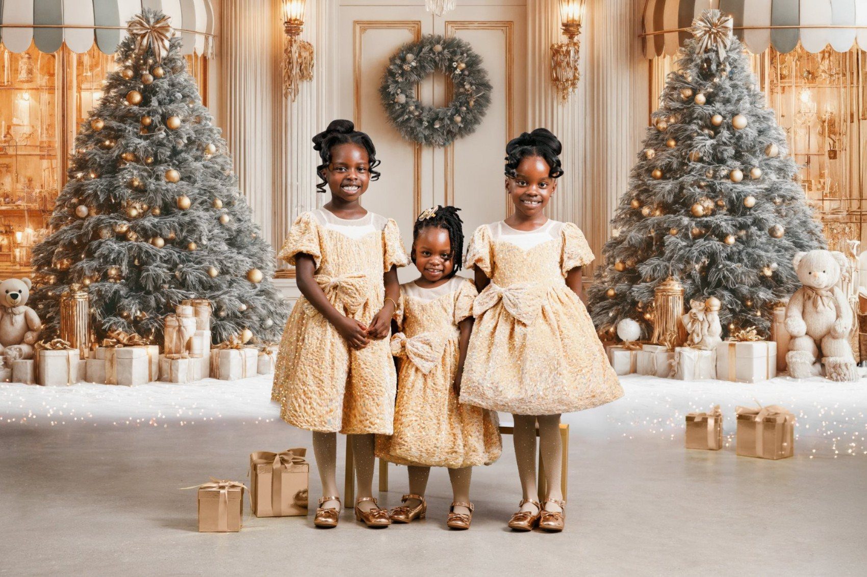 Gilded Holiday Christmas mini session in the DMV, gold storybook holiday backdrop for families