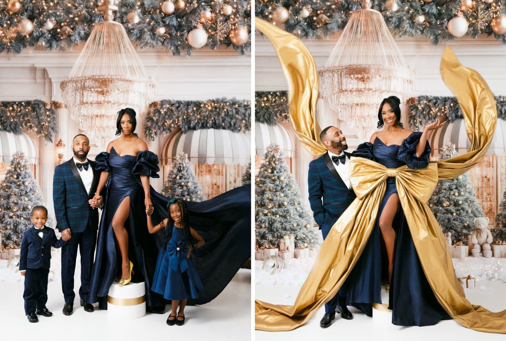 Gilded Holiday Christmas mini session in the DMV, gold storybook holiday backdrop for families