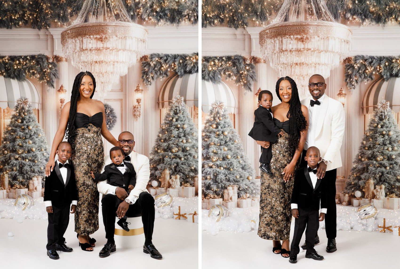 Gilded Holiday Christmas mini session in the DMV, gold storybook holiday backdrop for families