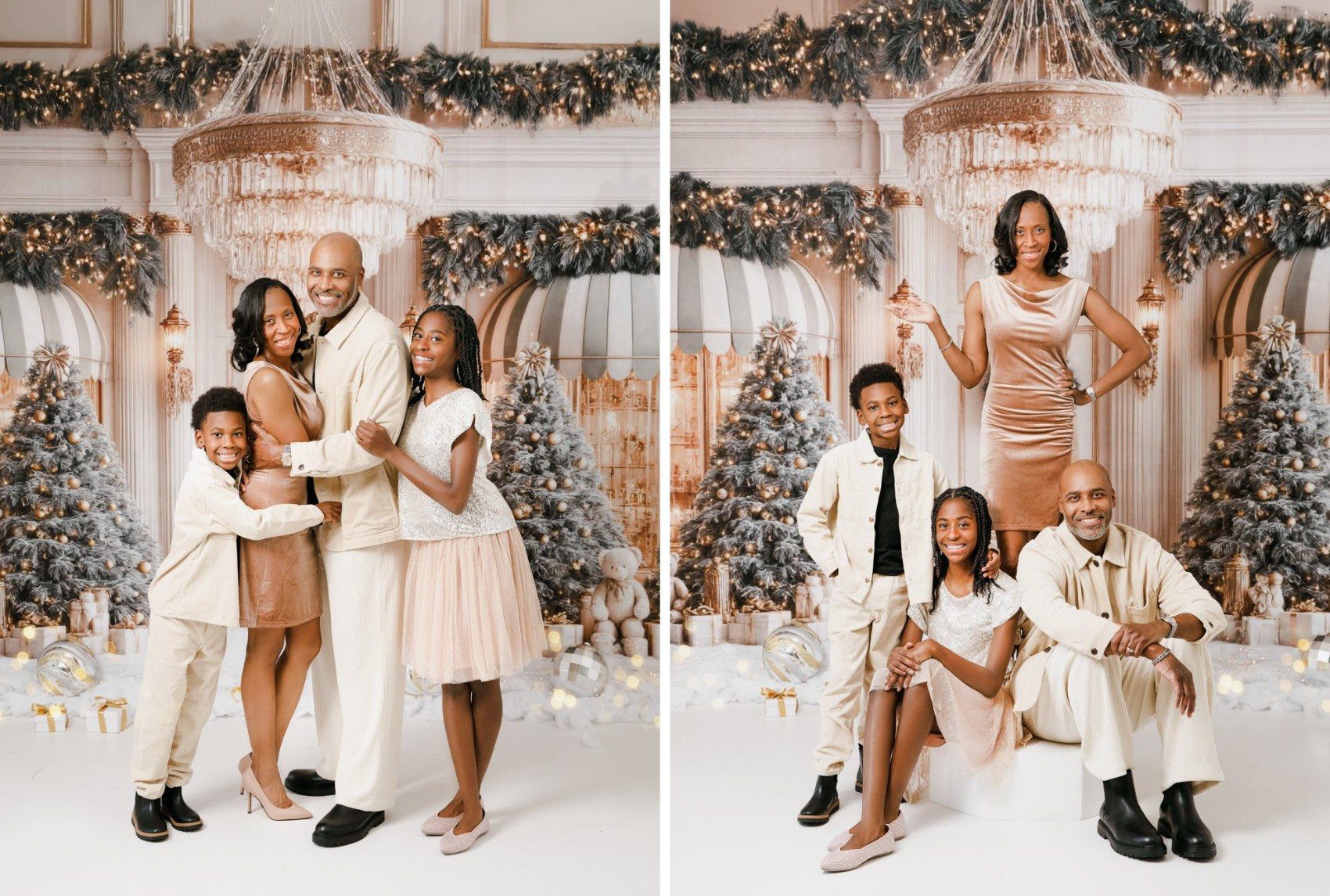 Gilded Holiday Christmas mini session in the DMV, gold storybook holiday backdrop for families