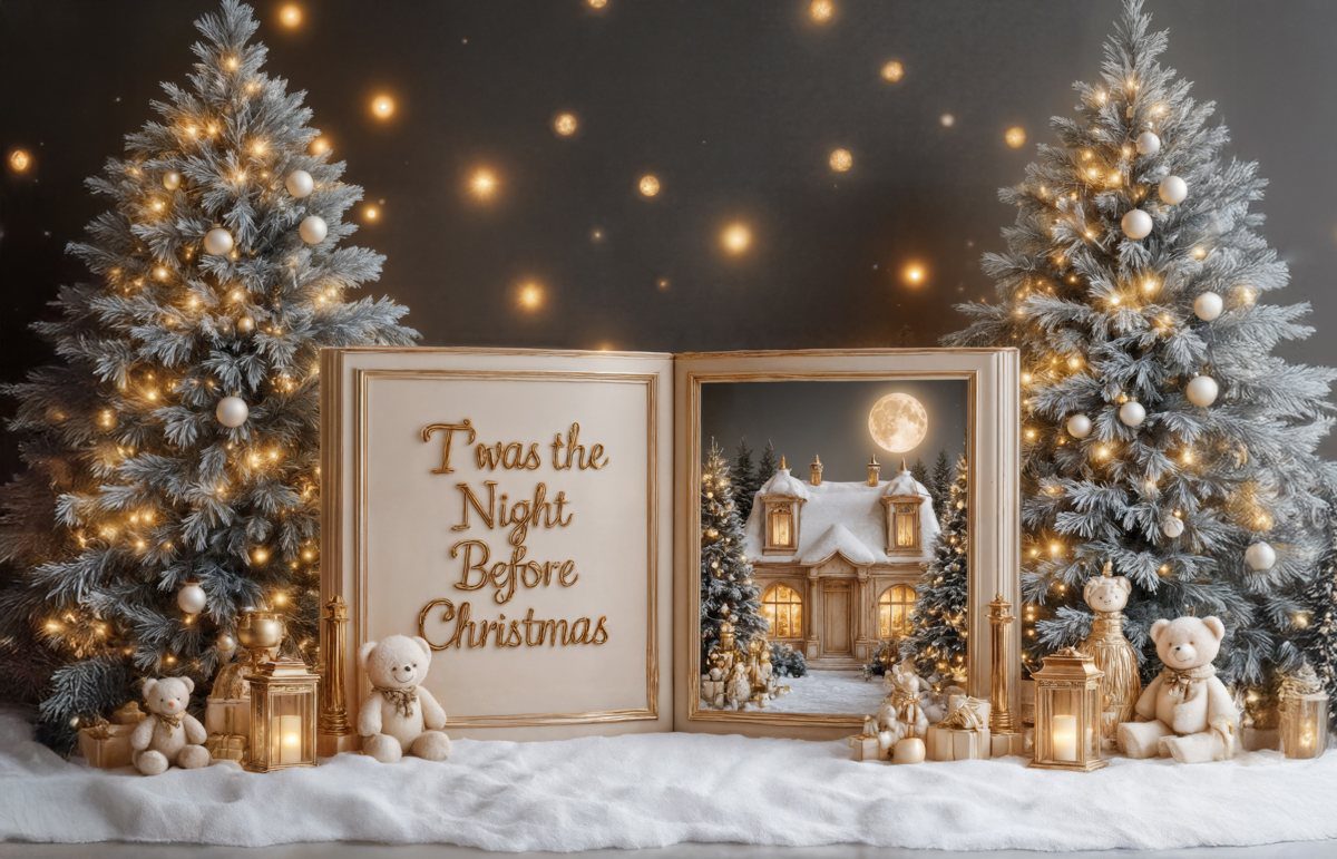 Gilded Holiday Christmas mini session in the DMV, gold storybook holiday backdrop for families